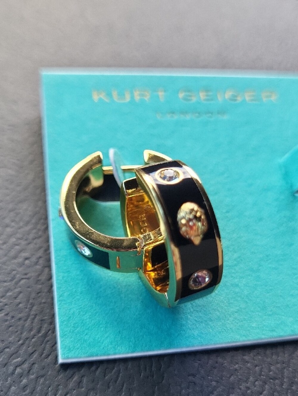 Kurt Geiger Gold Black Eagle Hoop Earrings with Clear Stones EL
